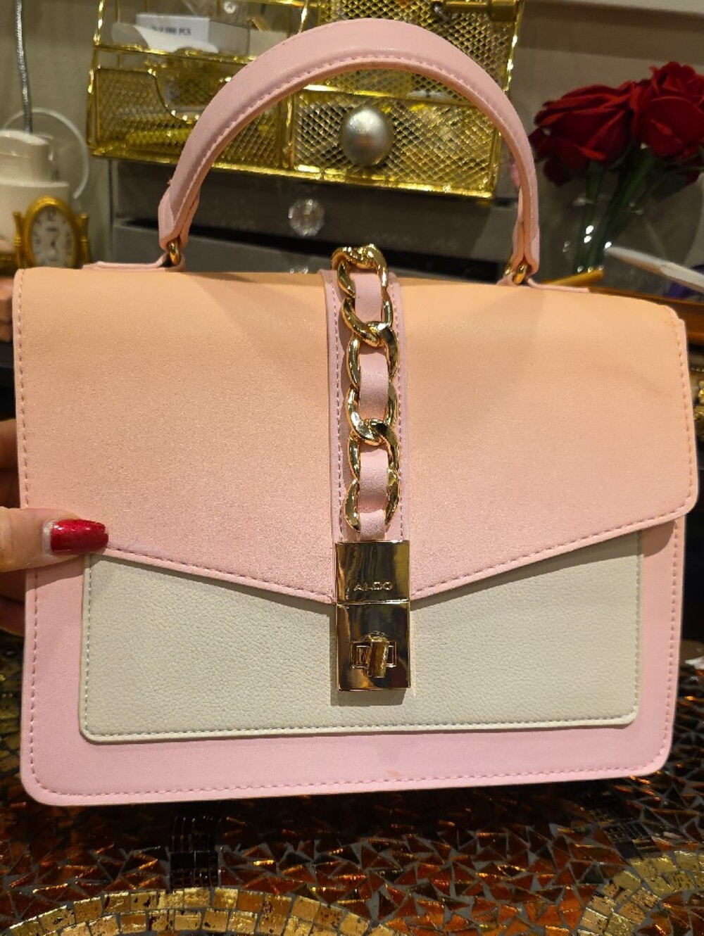 ALDO Pink and Cream Top-Handle Satchel with Gold Chain - Picture 2 of 11